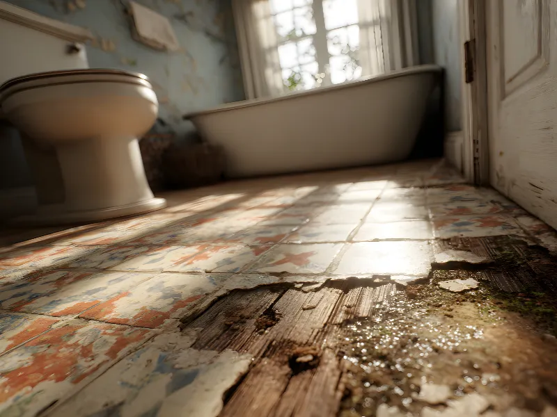 Worn and damaged bathroom floor tiles with visible wood and moisture near a toilet and bathtub.