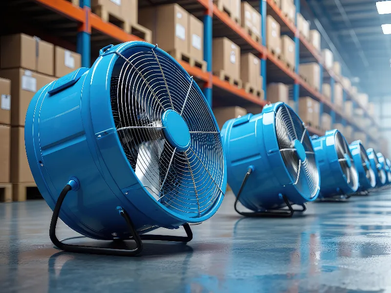 A row of large blue industrial fans on a warehouse floor with shelves of boxes in the background.