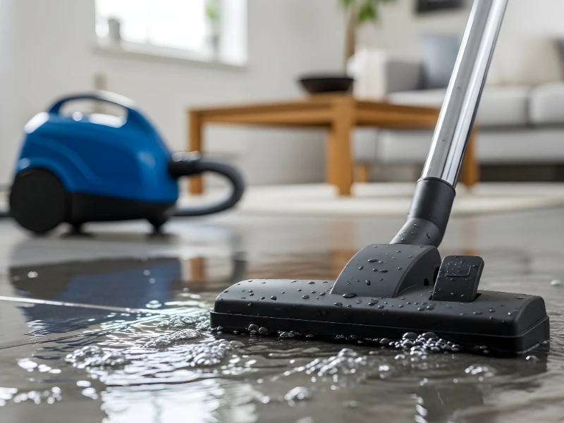 Vacuum cleaner head suctioning water from a tiled floor in a living room.