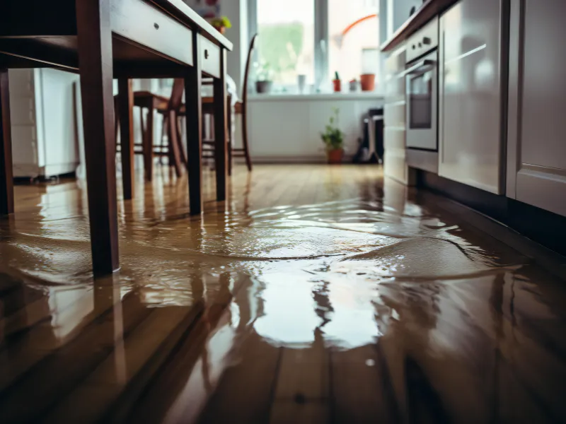 Water flooding the wooden floor of a kitchen with tables and chairs.
