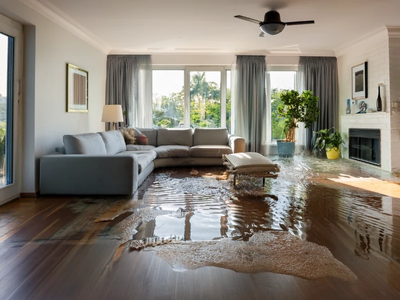 Living room with sectional sofa and plants partially flooded with water on wooden floor.
