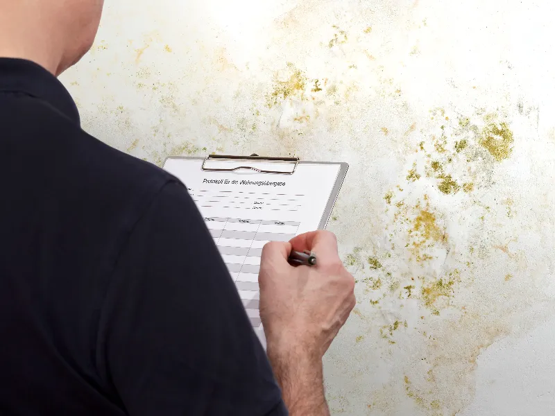 Person inspecting and taking notes on mold growth on a wall.