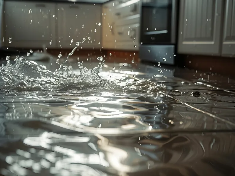 Water splashes and ripples on a flooded kitchen floor with cabinets and appliances in the background.