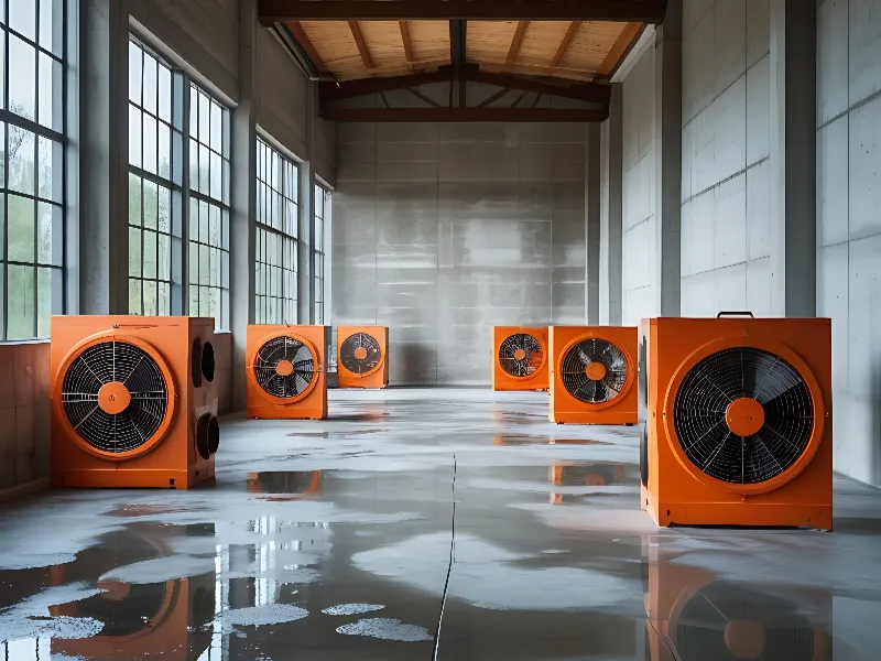 Orange industrial fans lined up inside a large, empty warehouse with reflective wet floor.