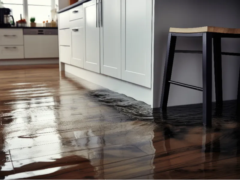 Water flooding a kitchen floor near white cabinets and a wooden stool.